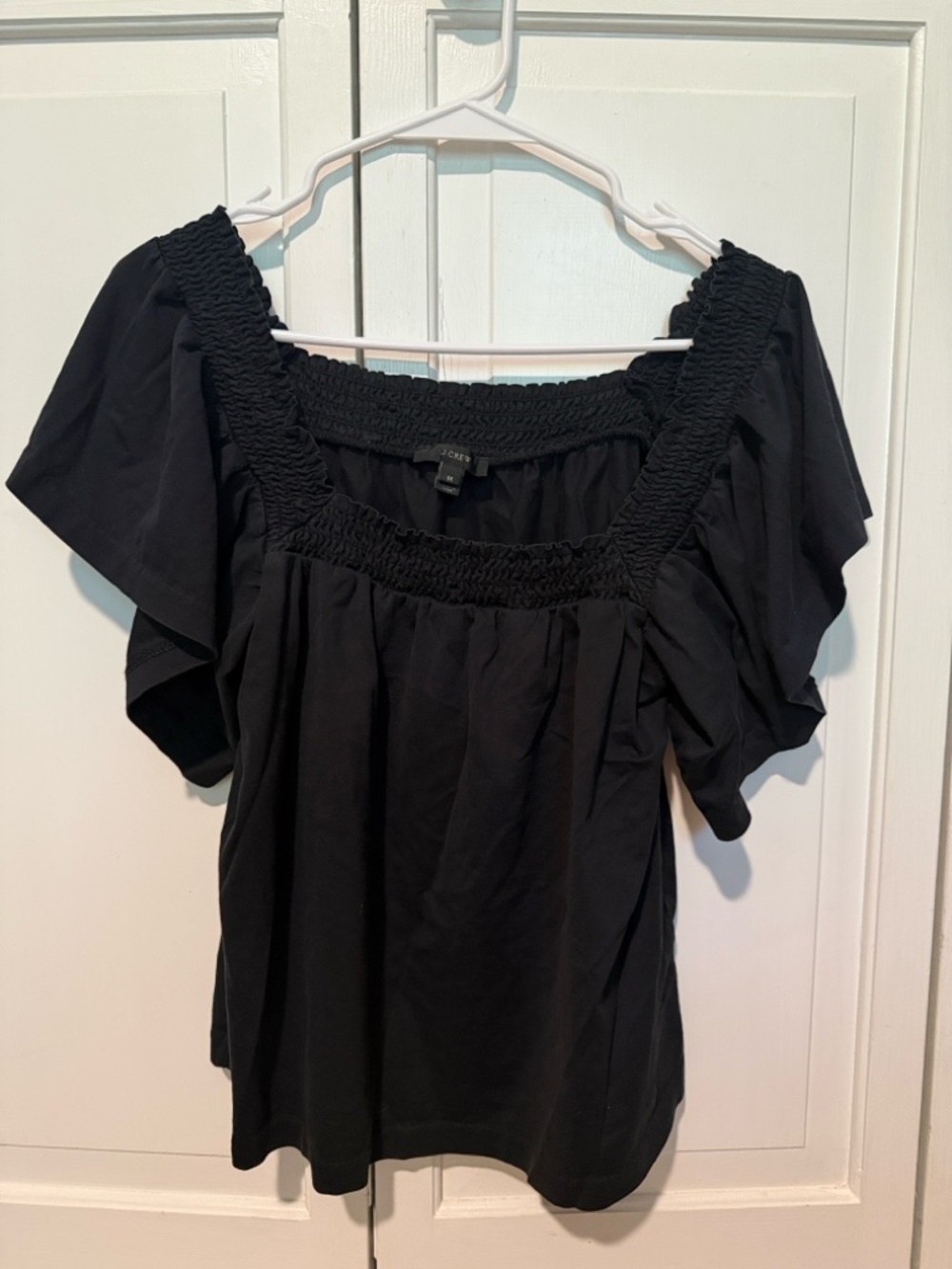 J. Crew Black Smocked Square-Neck Blouse with Flutter Sleeves